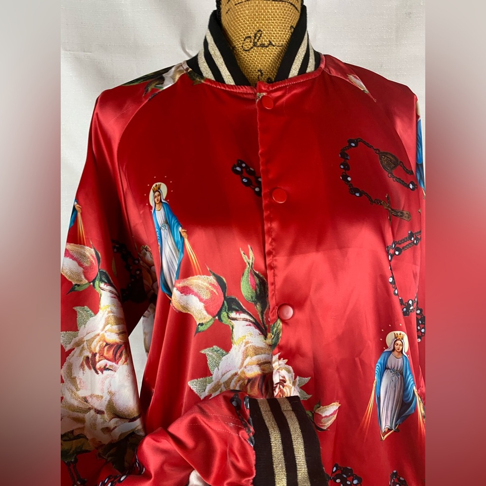 Civil Regime limited edition red satin Virgin Mary rosary satin bomber jacket - Picture 3 of 16